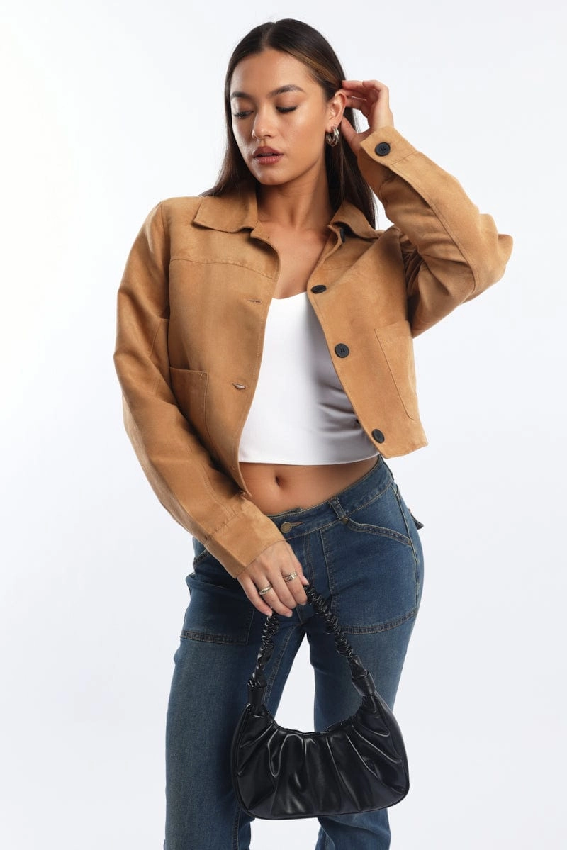 Beige Crop Jacket Suede