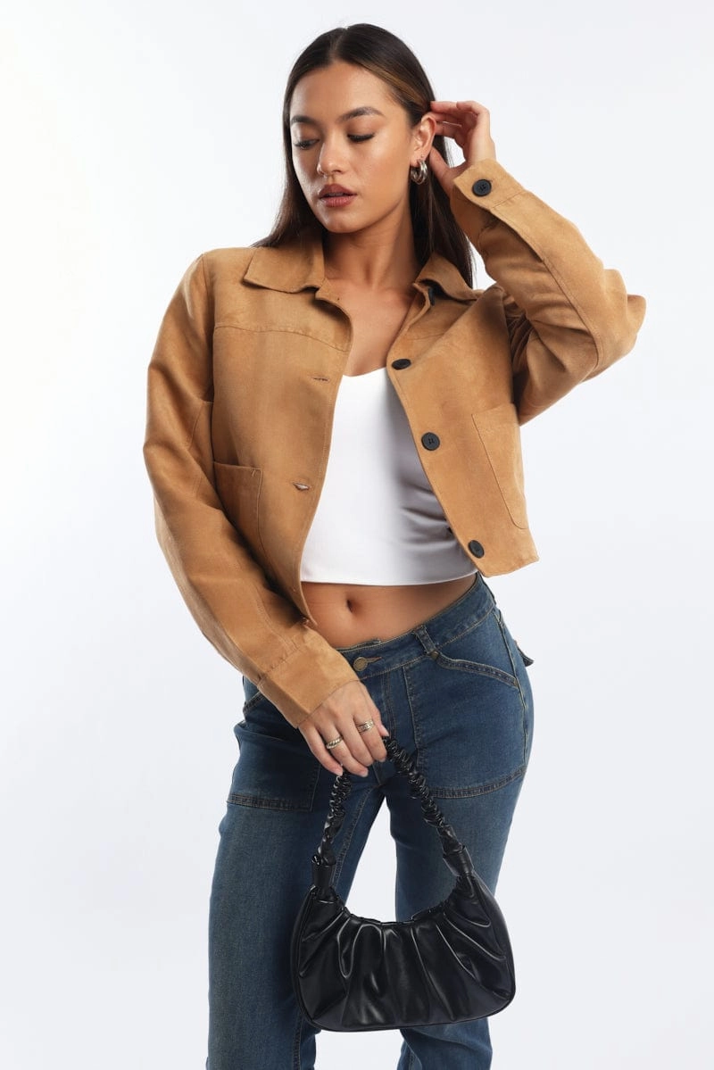 Beige Crop Jacket Suede