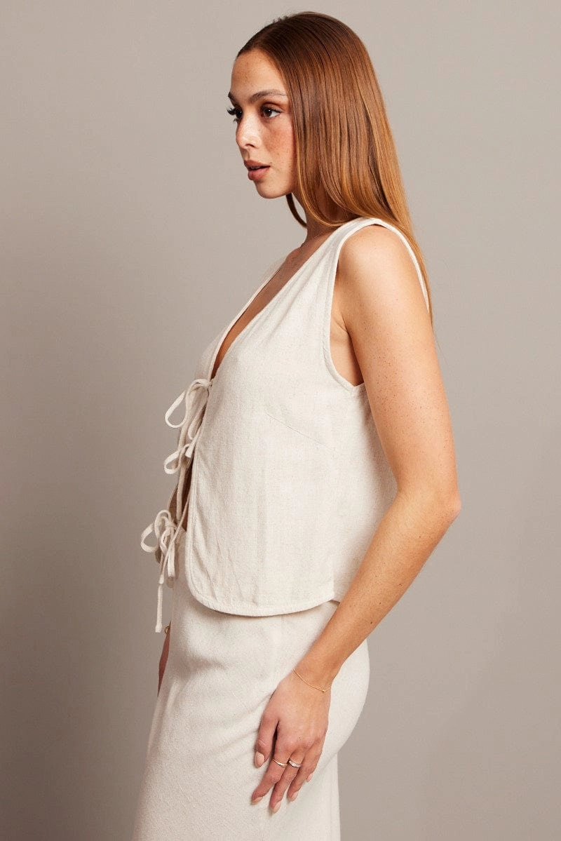 Beige Tie Up Top Linen