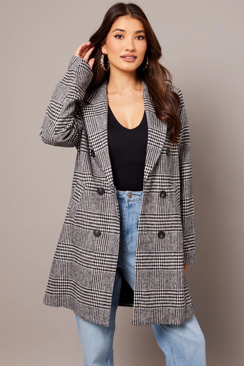 Black Check Coat Long Sleeve