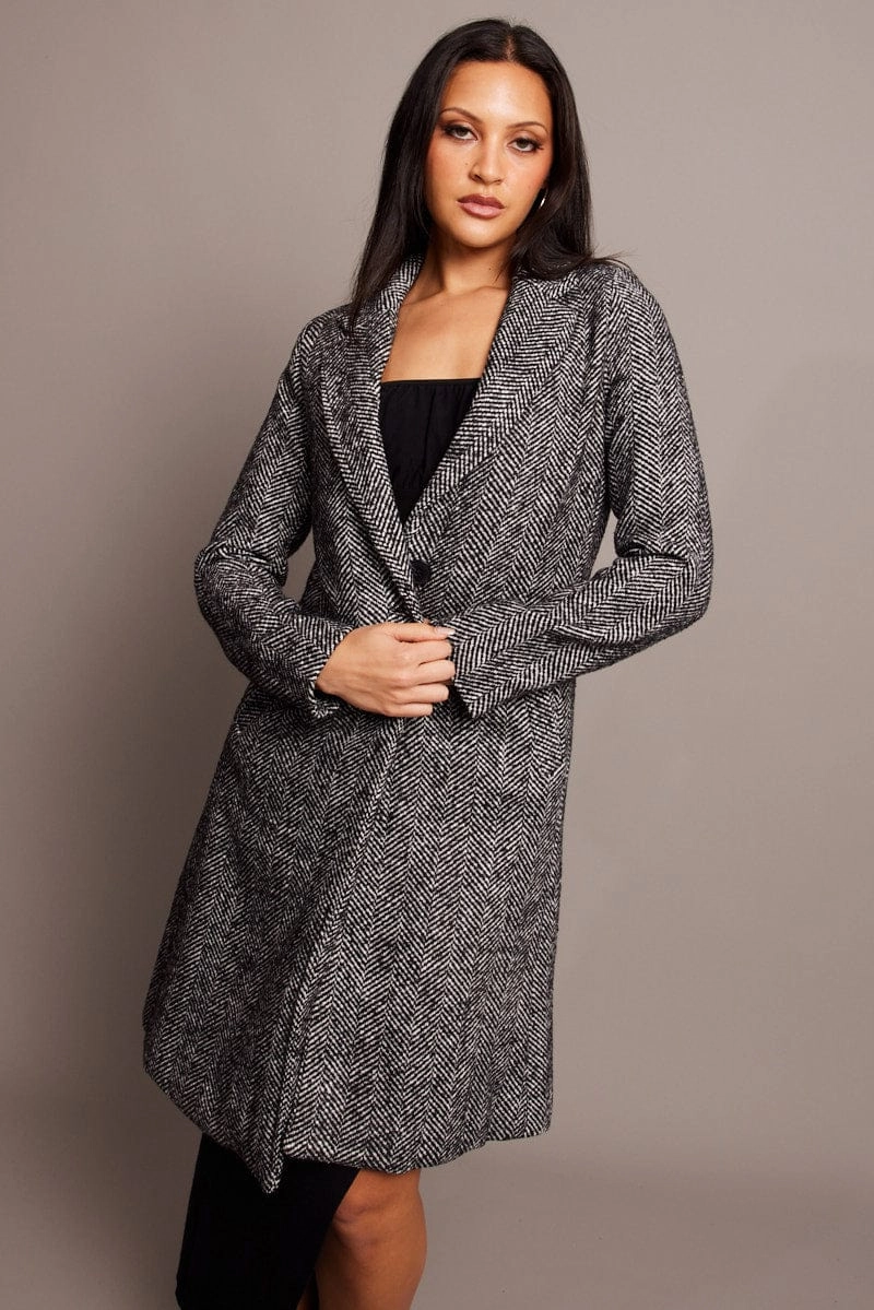 Black Check One Button Coatd Long Sleeve