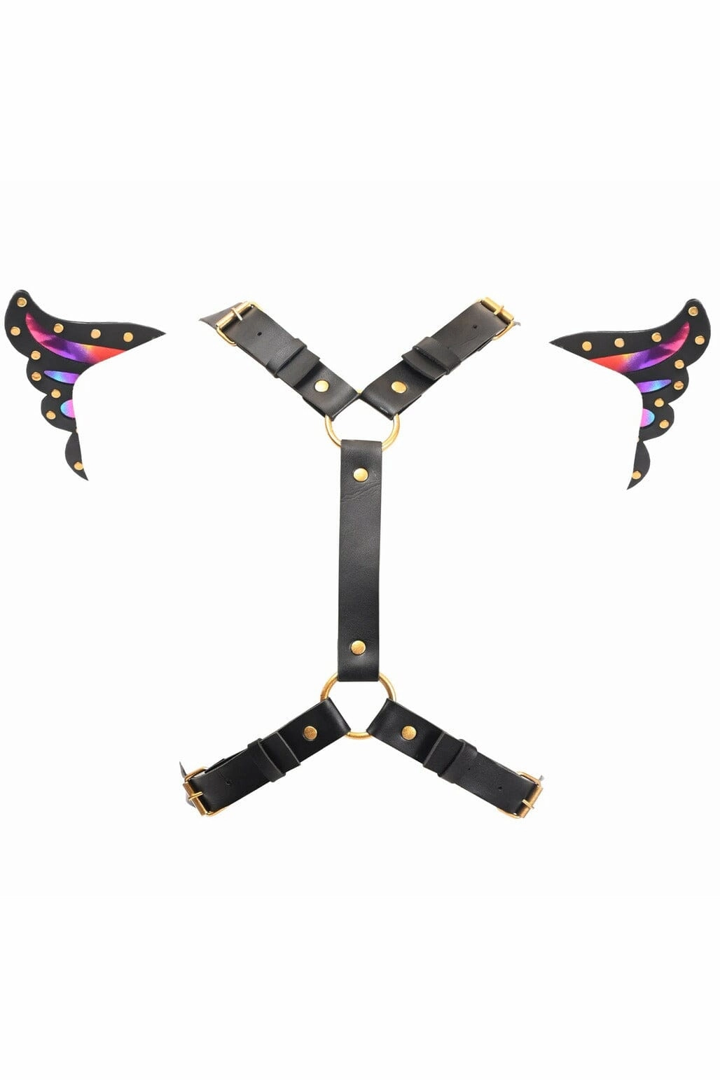 Black Faux Leather & Rainbow Holo Butterfly Wing Harness