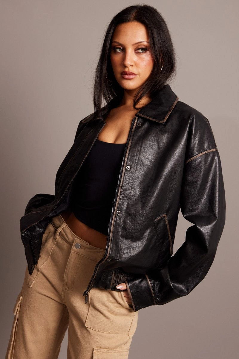 Black Faux Leather Jacket Washed