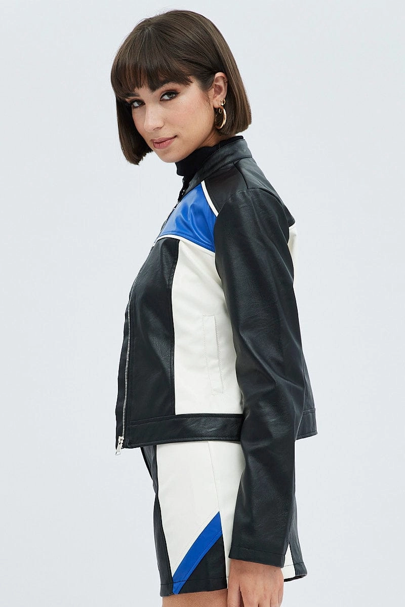 Black Jacket Colour Block Long Sleeve Zip Faux Leather