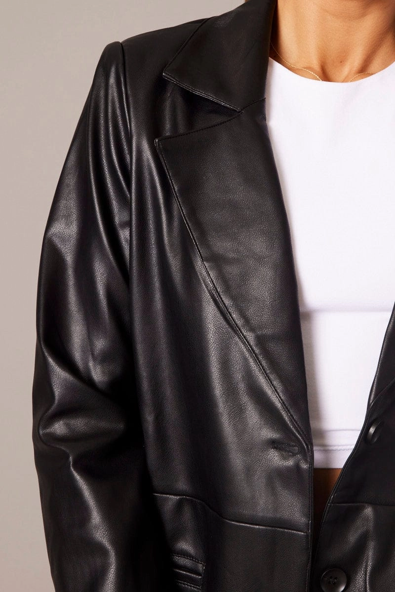 Black Jacket Faux Leather Collared