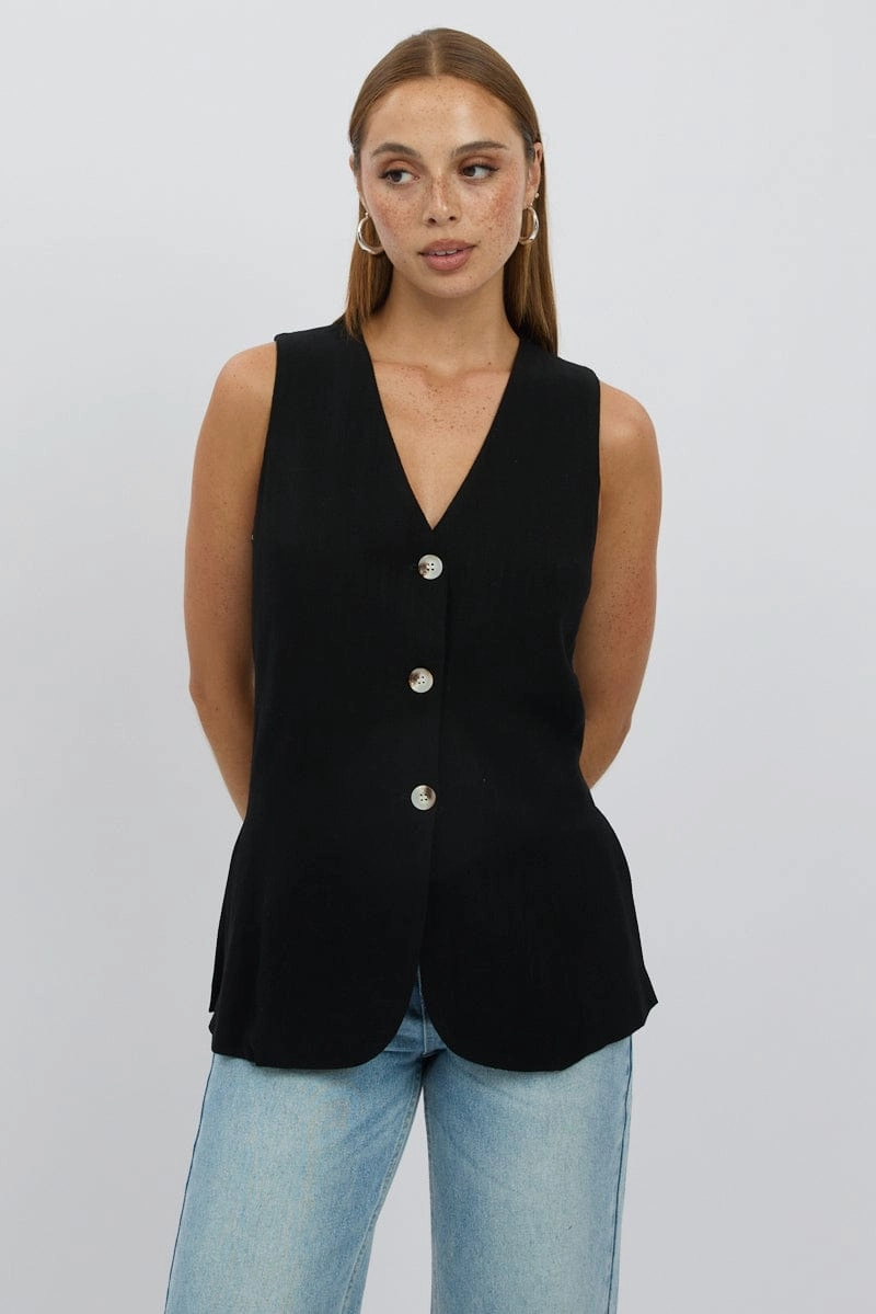 Black Linen Vest Longline V Neck