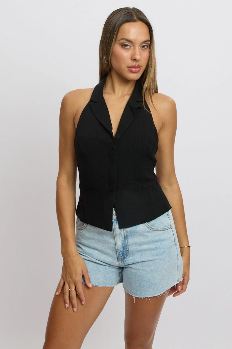 Black Vest Top V Neck Halter Neck Open Back