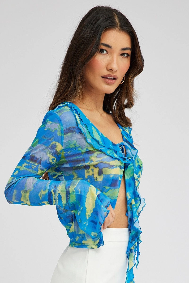 Blue Abstract Mesh Cardigan Long Sleeve