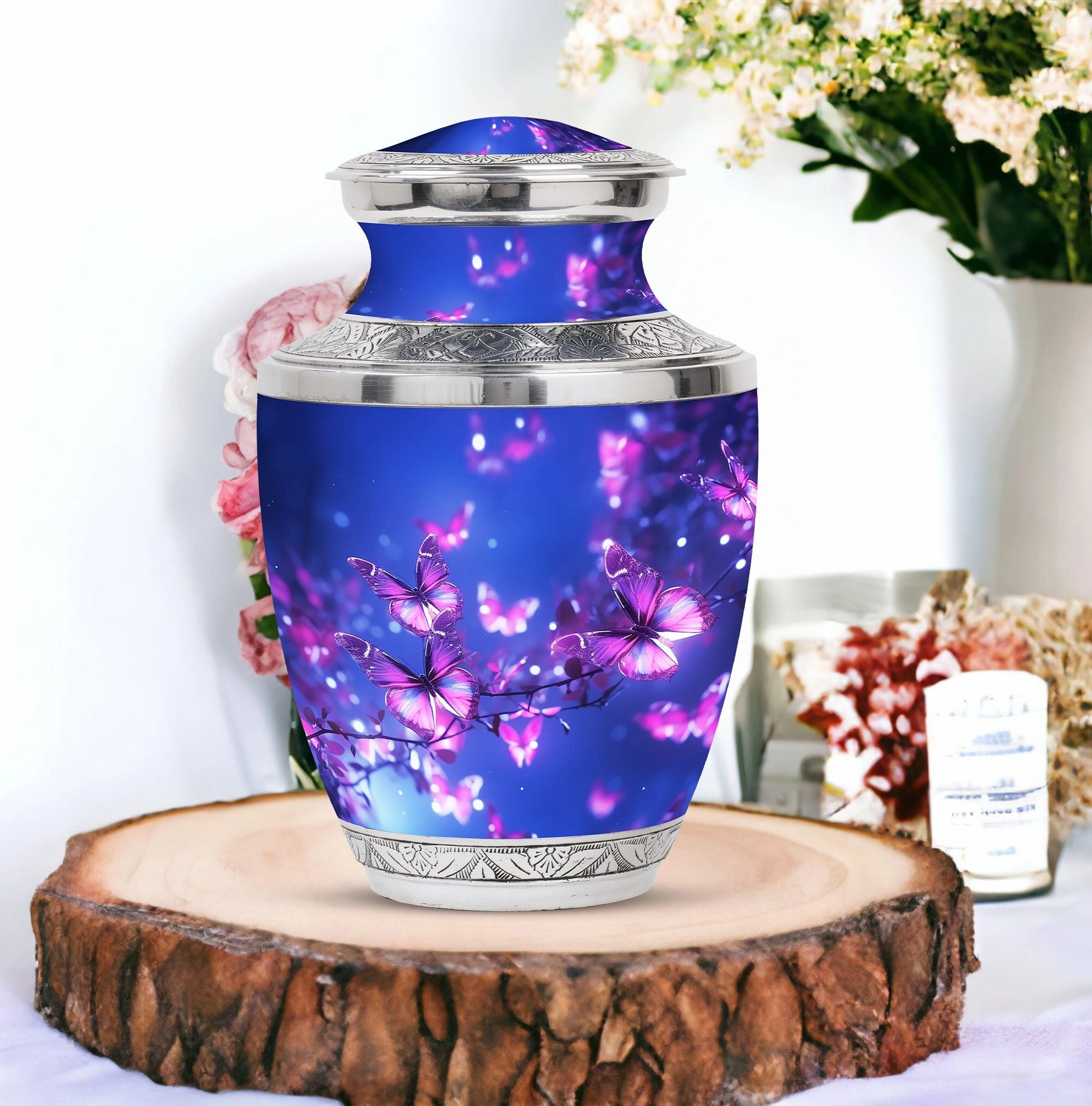 Blue Butterfly on Pink Large Cremation Burial Urn for Adult Ashes