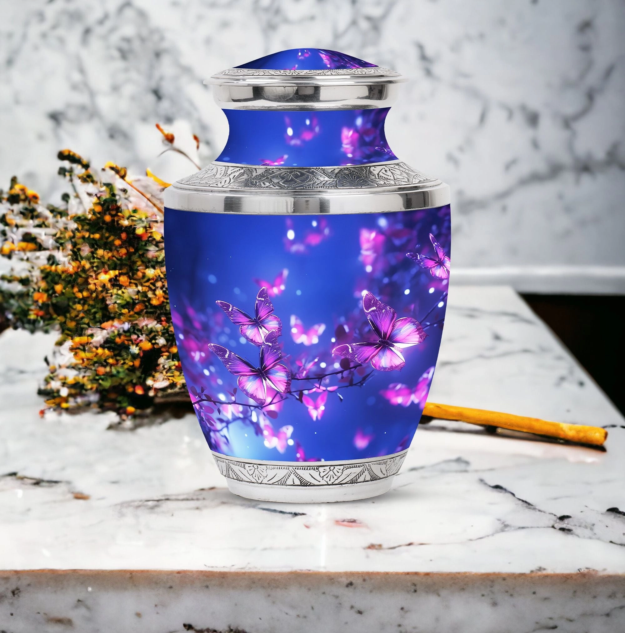 Blue Butterfly on Pink Large Cremation Burial Urn for Adult Ashes