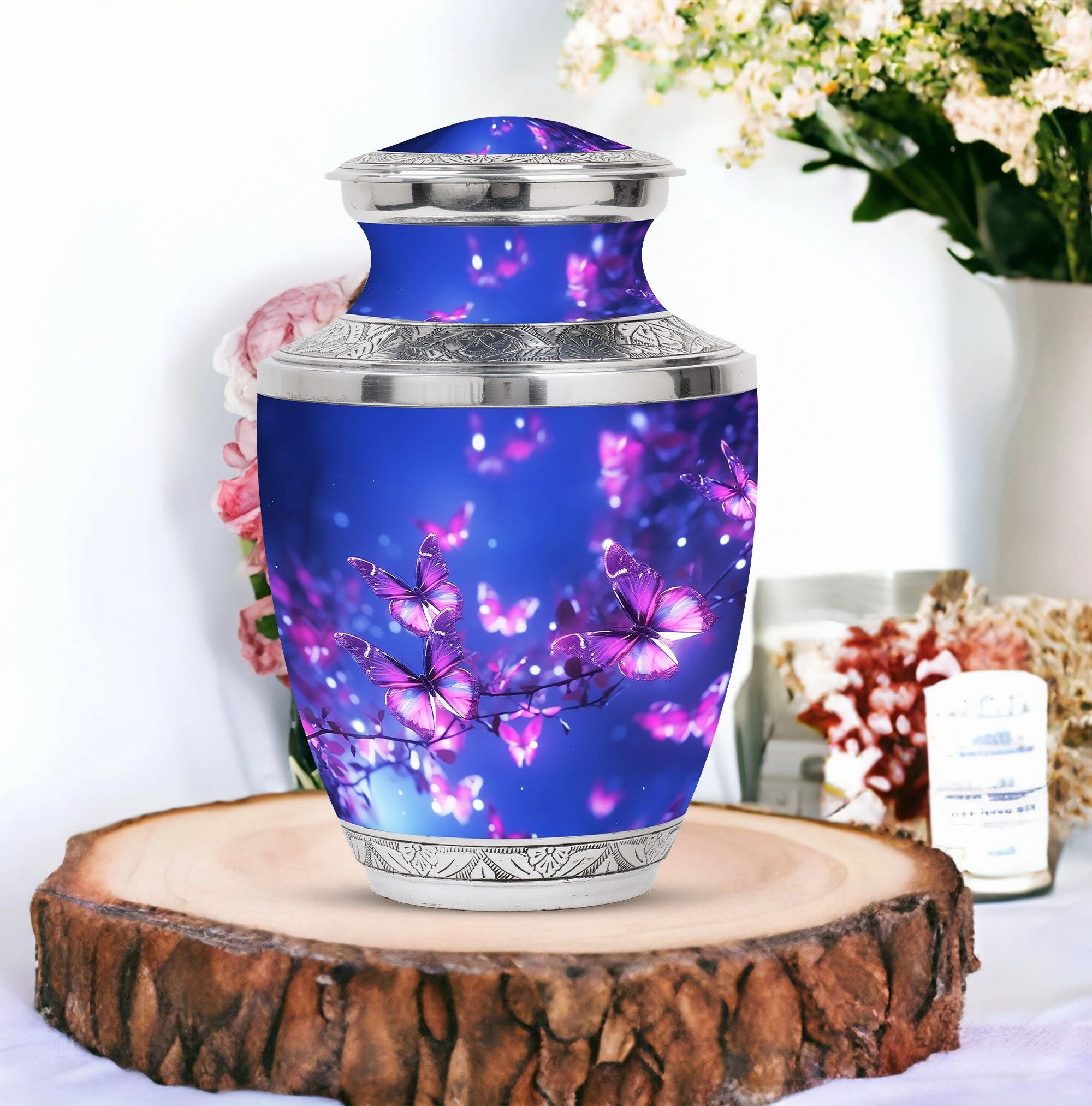 Blue Butterfly on Pink Large Cremation Burial Urn for Adult Ashes