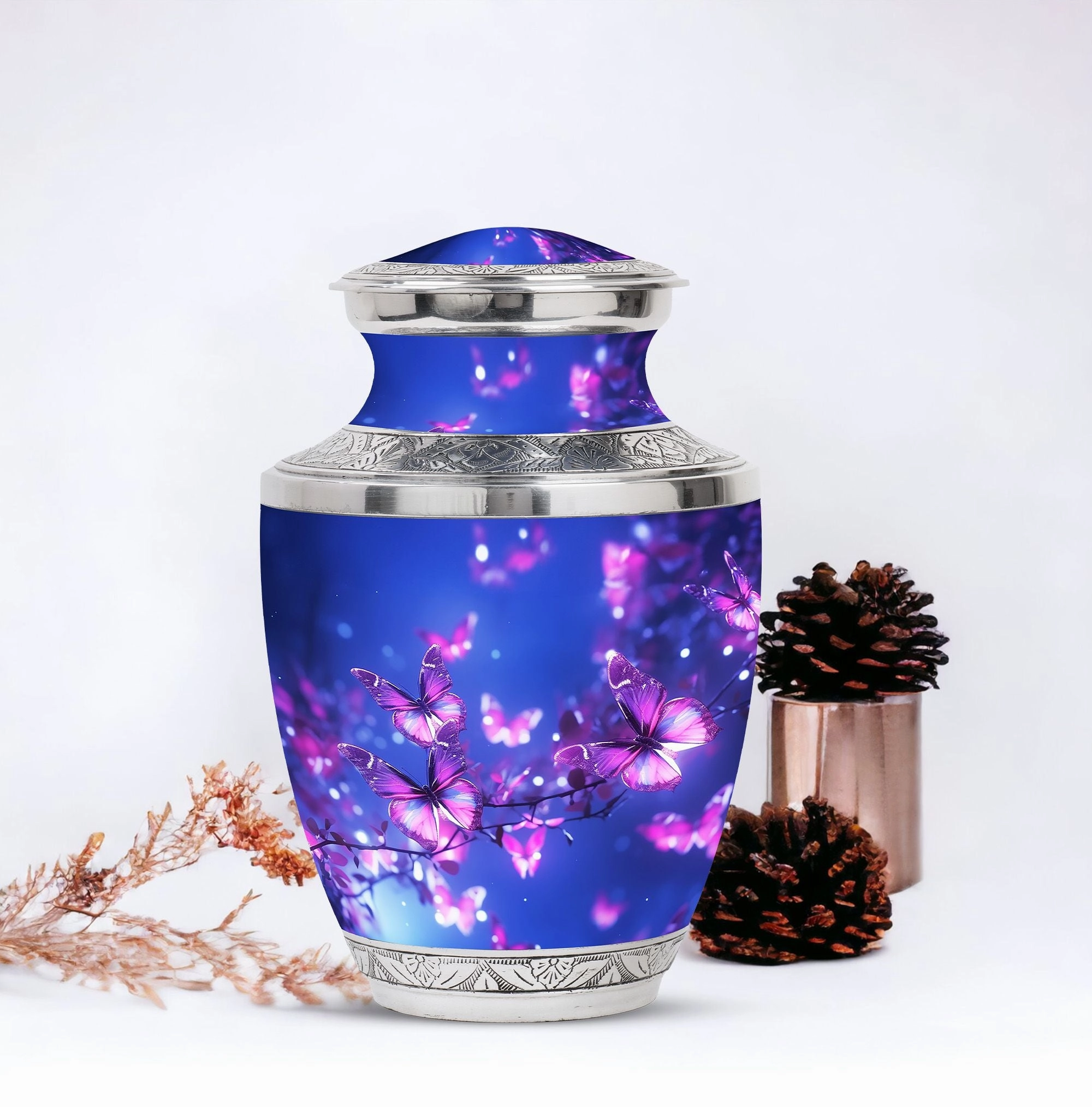 Blue Butterfly on Pink Large Cremation Burial Urn for Adult Ashes