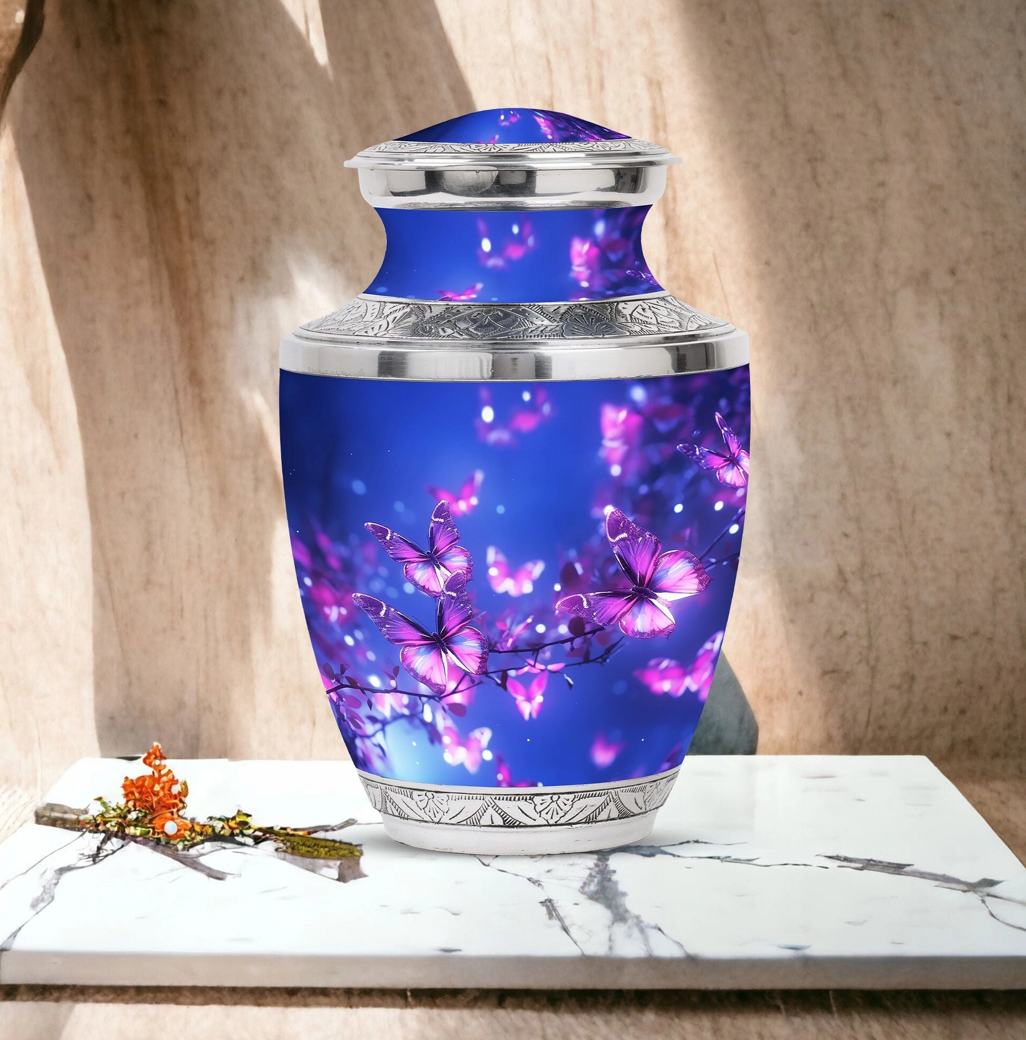 Blue Butterfly on Pink Large Cremation Burial Urn for Adult Ashes