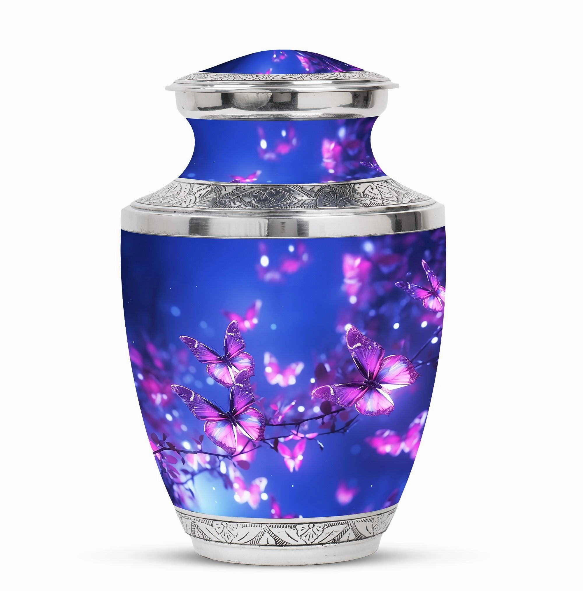 Blue Butterfly on Pink Large Cremation Burial Urn for Adult Ashes