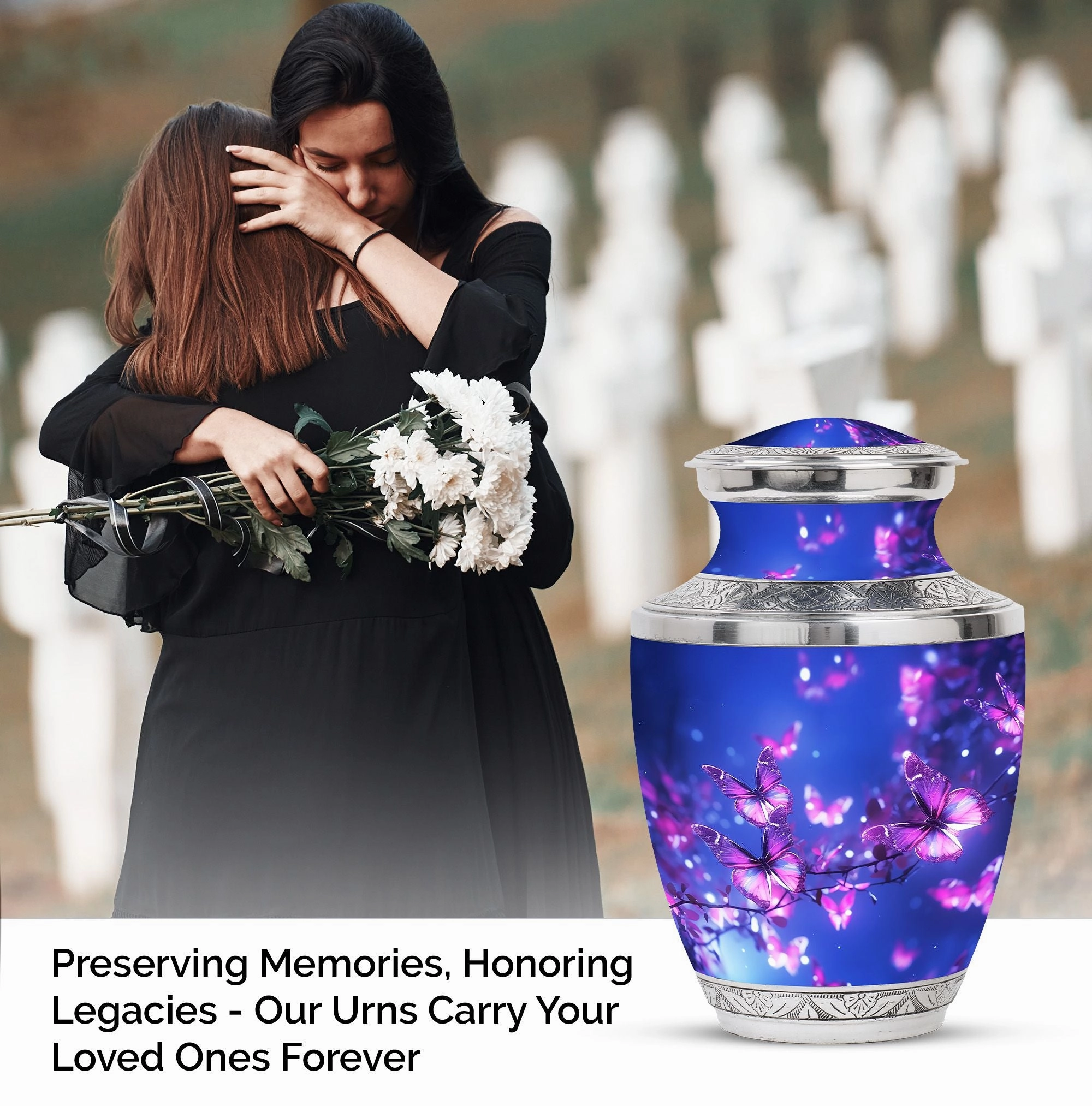 Blue Butterfly on Pink Large Cremation Burial Urn for Adult Ashes