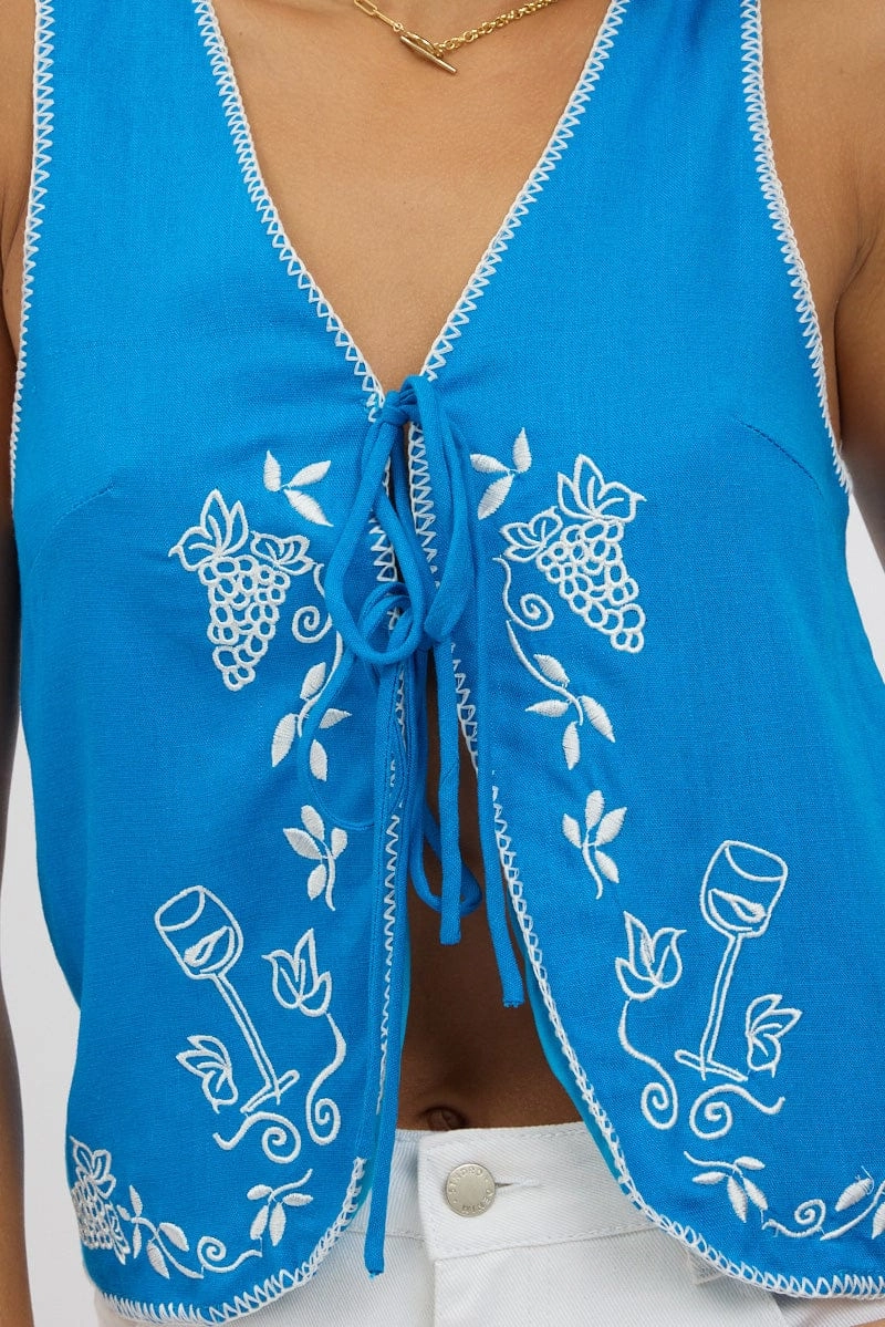 Blue Linen Vest Sleeveless Embroidery