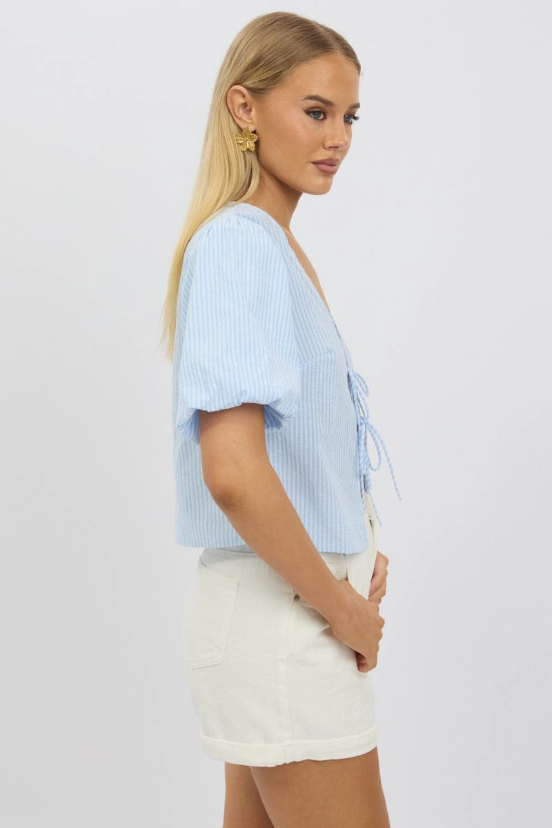Blue Stripe Tie Front Top Puff Short Sleeve