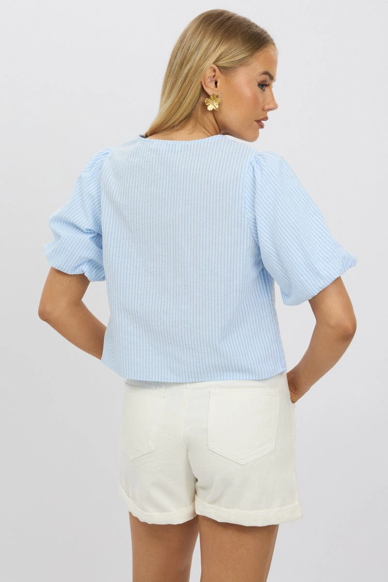 Blue Stripe Tie Front Top Puff Short Sleeve