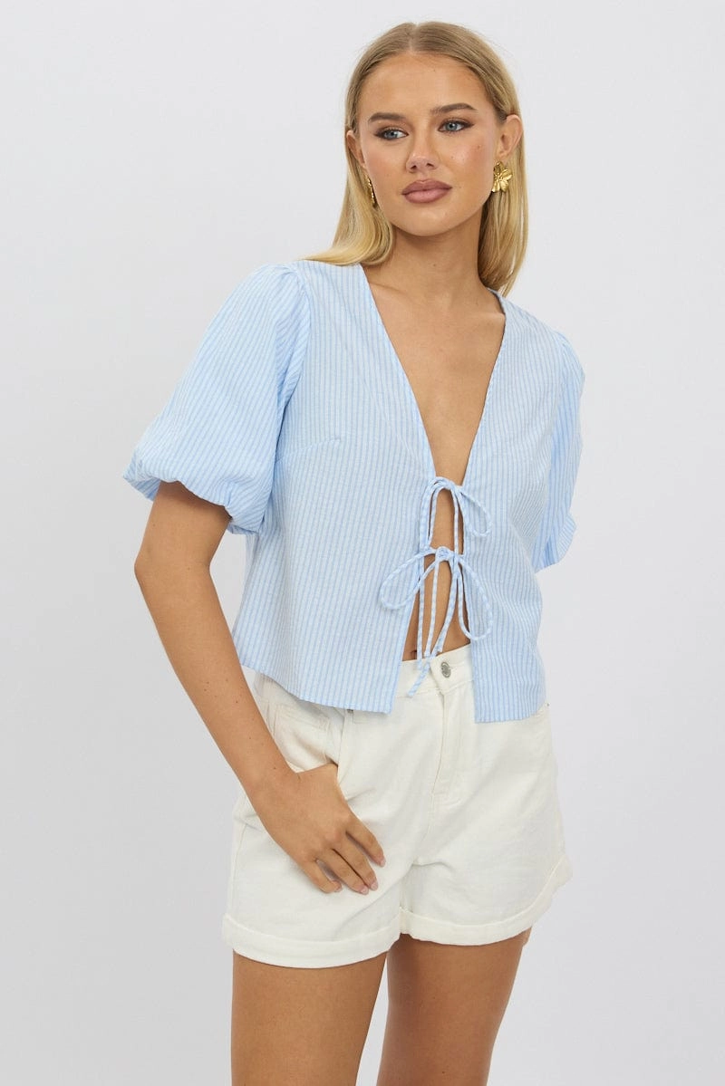 Blue Stripe Tie Front Top Puff Short Sleeve