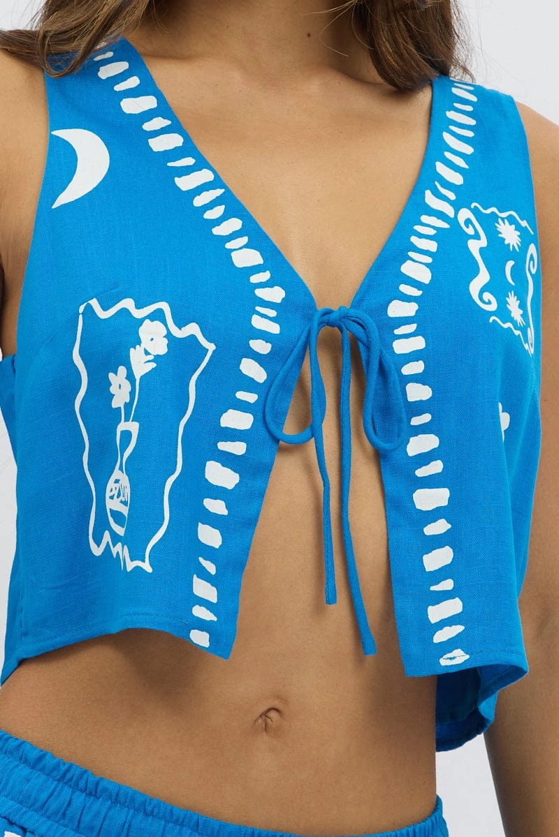 Blue Tie Up Front Top