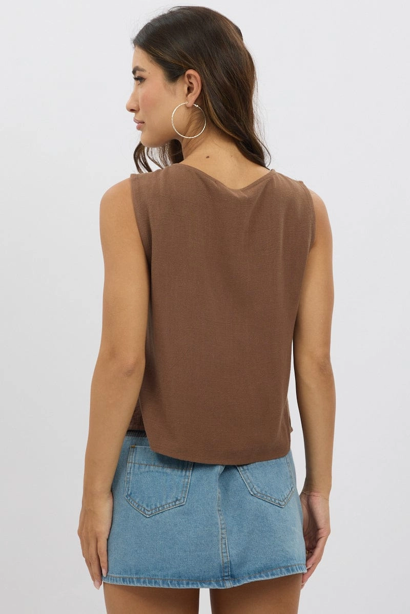 Brown Abstract Tie Up Top Linen