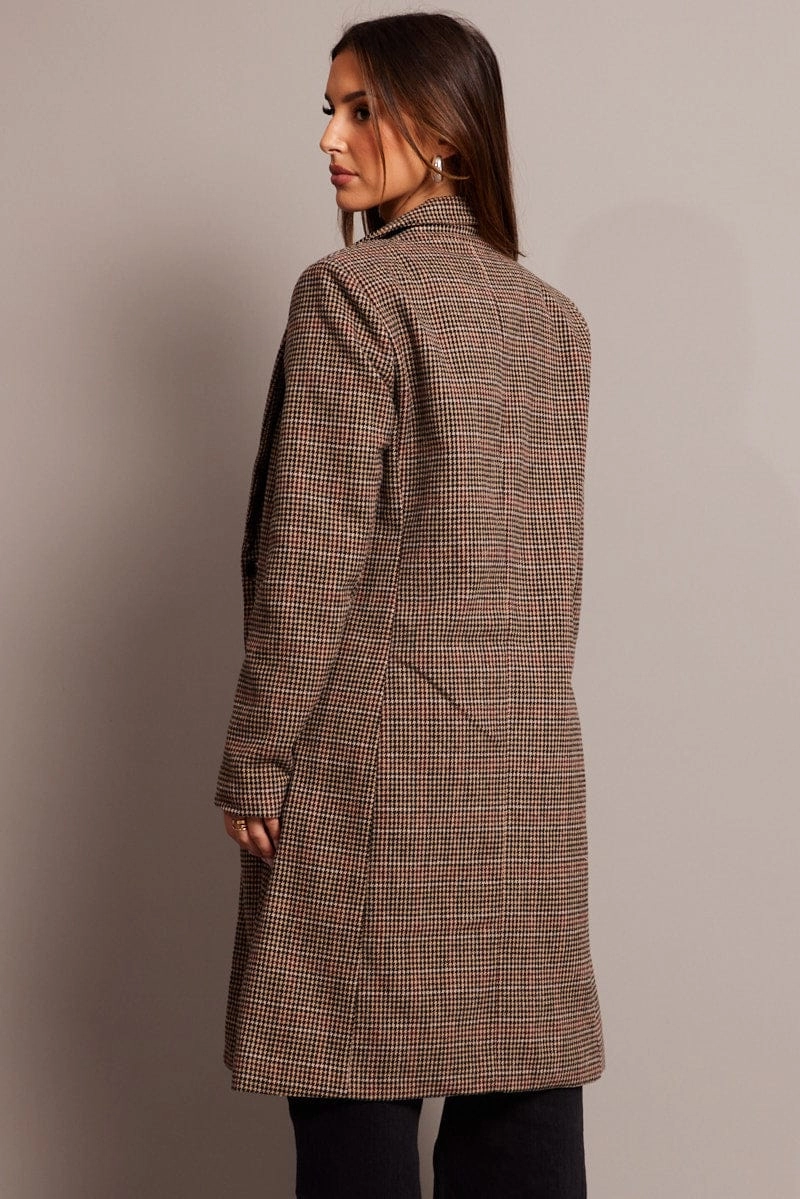 Brown Check One Button Coat Long Sleeve