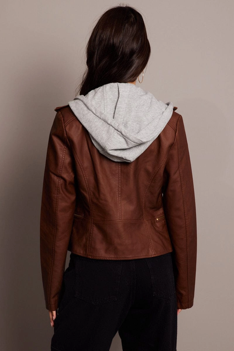 Brown Faux Leather Jacket Long Sleeve Hoodie