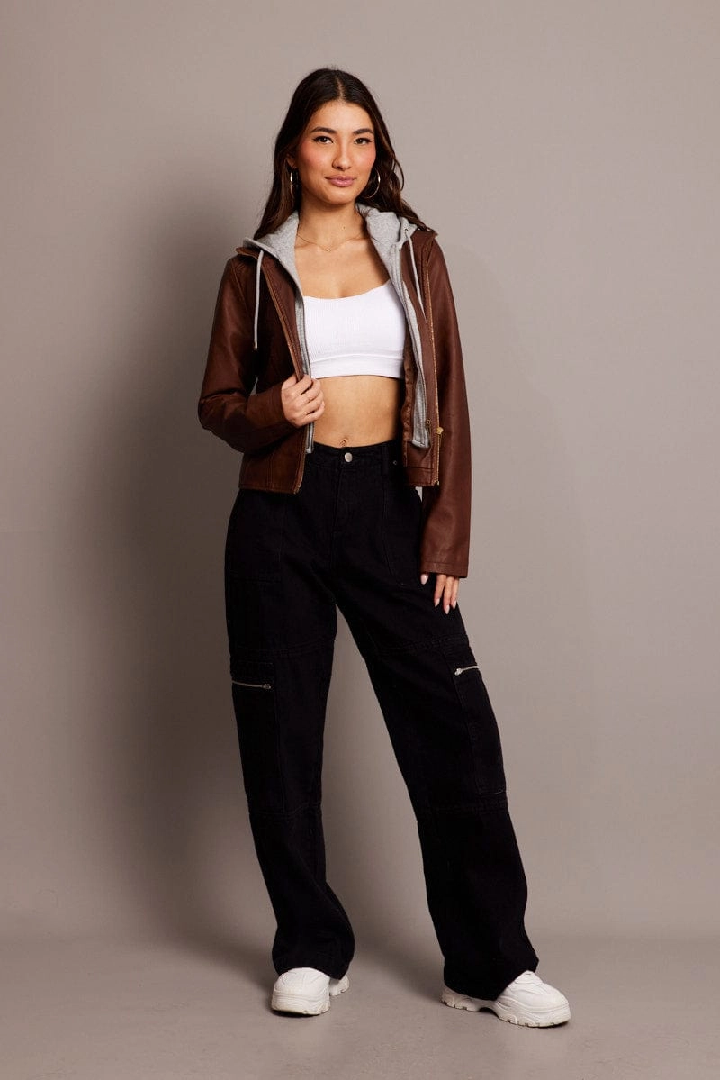 Brown Faux Leather Jacket Long Sleeve Hoodie