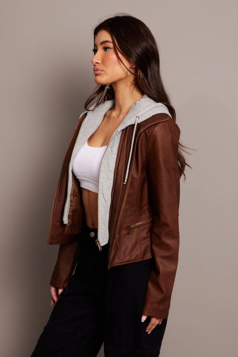 Brown Faux Leather Jacket Long Sleeve Hoodie