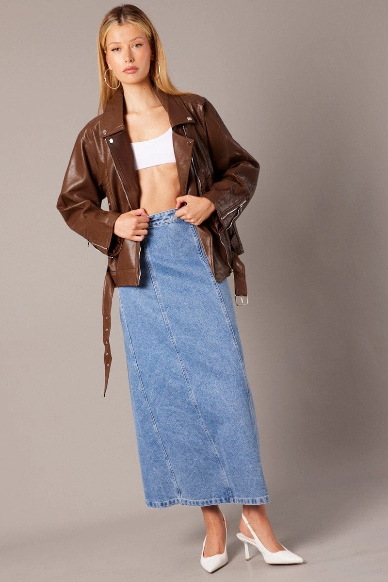 Brown Jacket Long Sleeve Collared Faux Leather