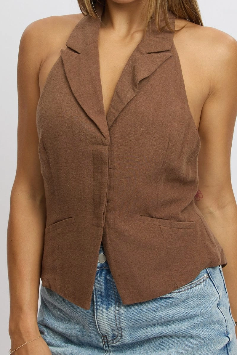Brown Vest Top V Neck Halter Neck Open Back