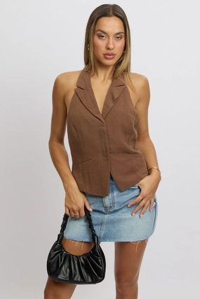 Brown Vest Top V Neck Halter Neck Open Back