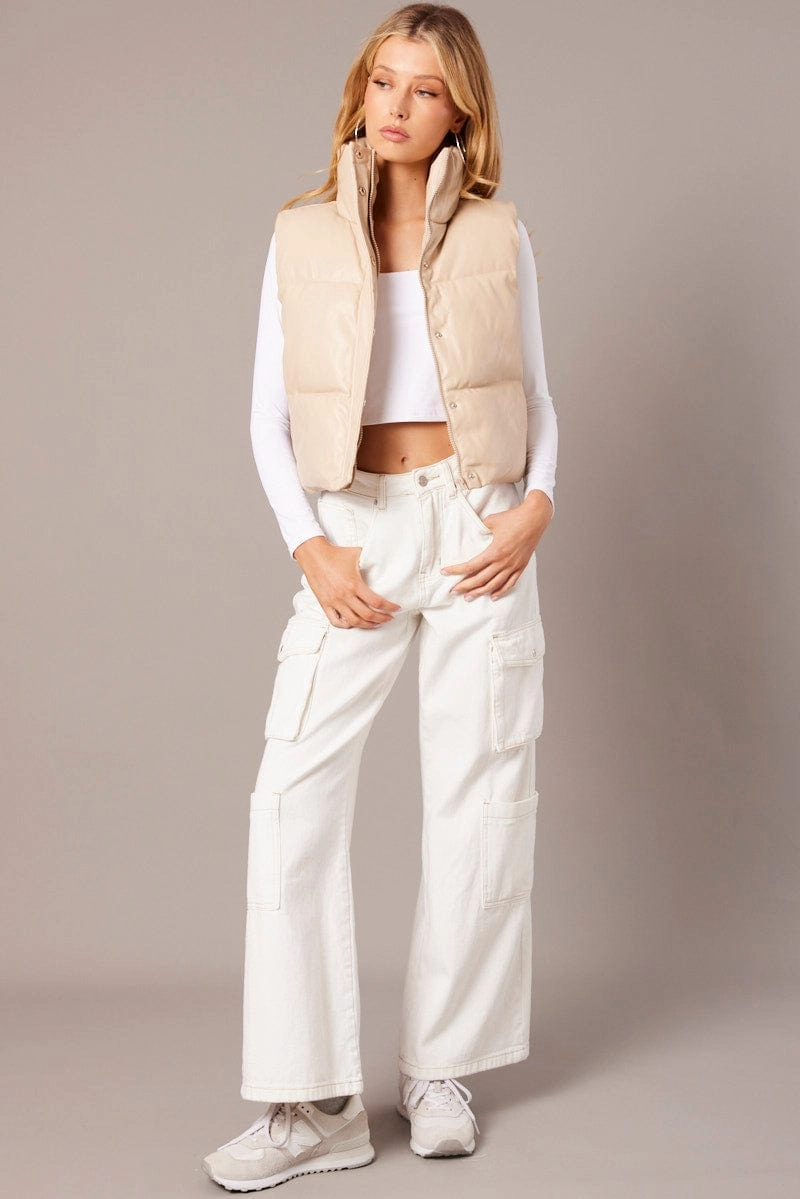 Camel Puffer Zip Sleeveless Faux Leather