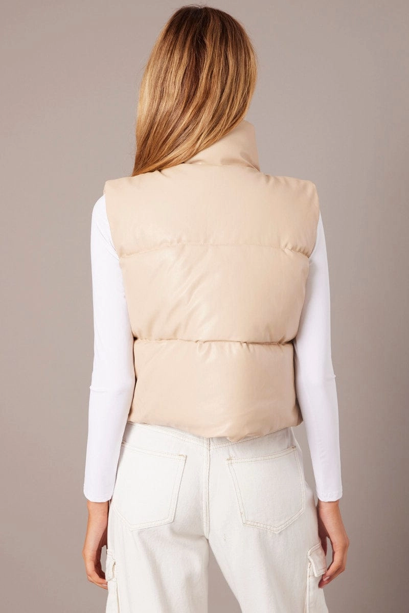 Camel Puffer Zip Sleeveless Faux Leather