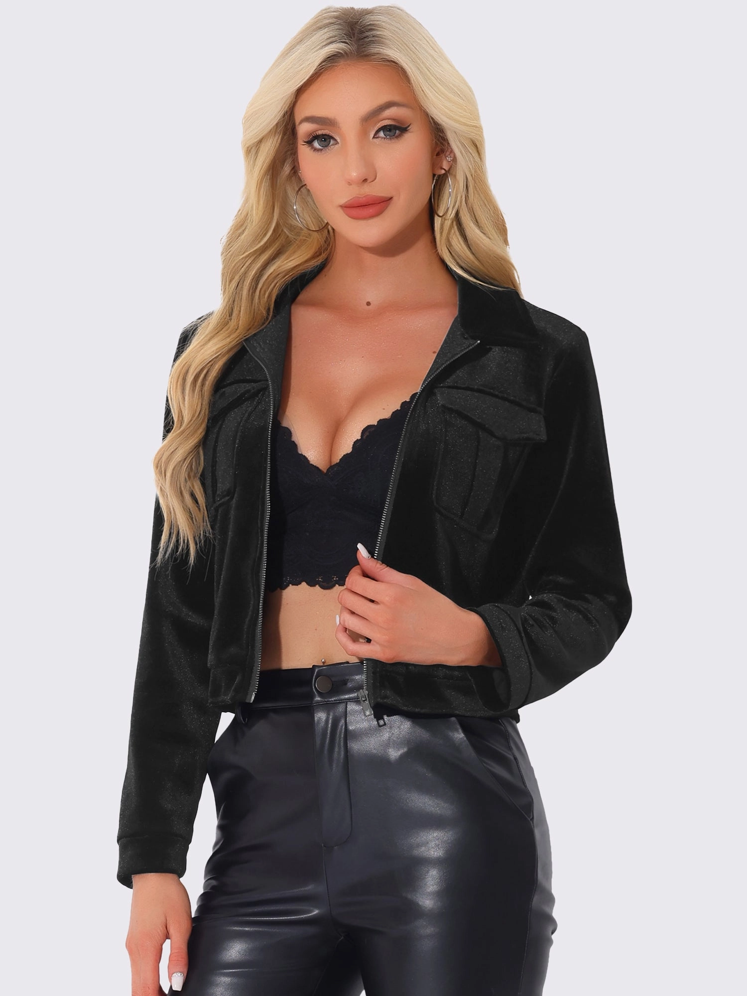 Collar Velvet Long Sleeve Zip Up Cropped Casual Jackets