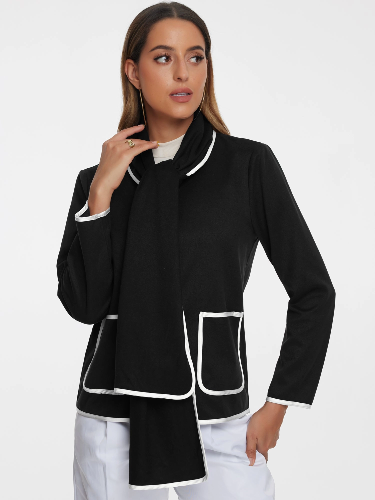 Colorblock Long Sleeves Button Down Pockets Casual Jackets with Scarf