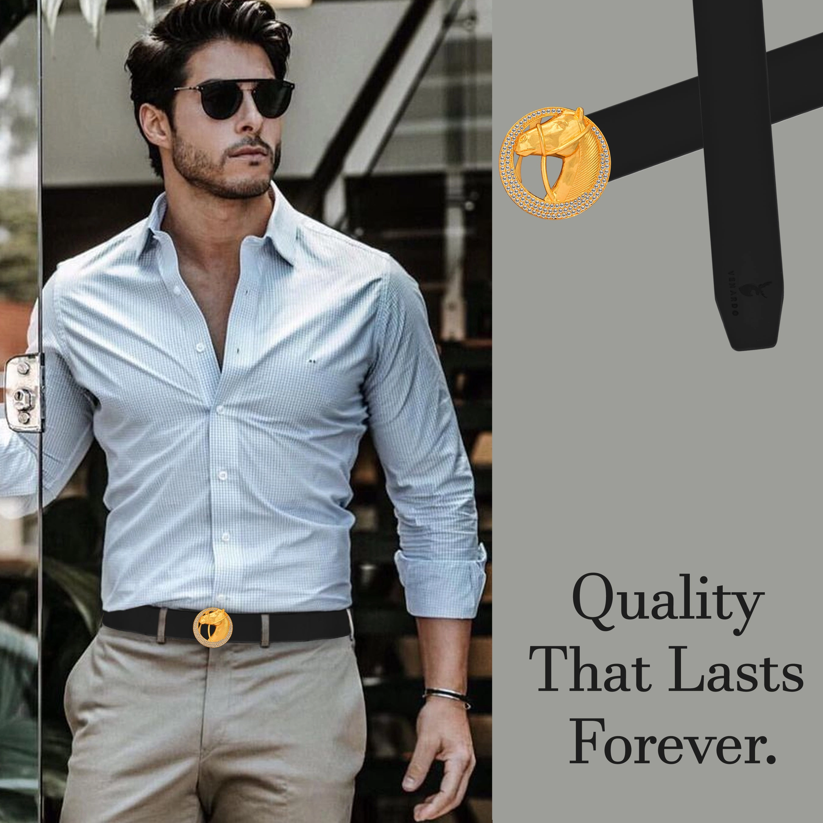 Edge Gold Diamond Buckle Leather Belt For Men