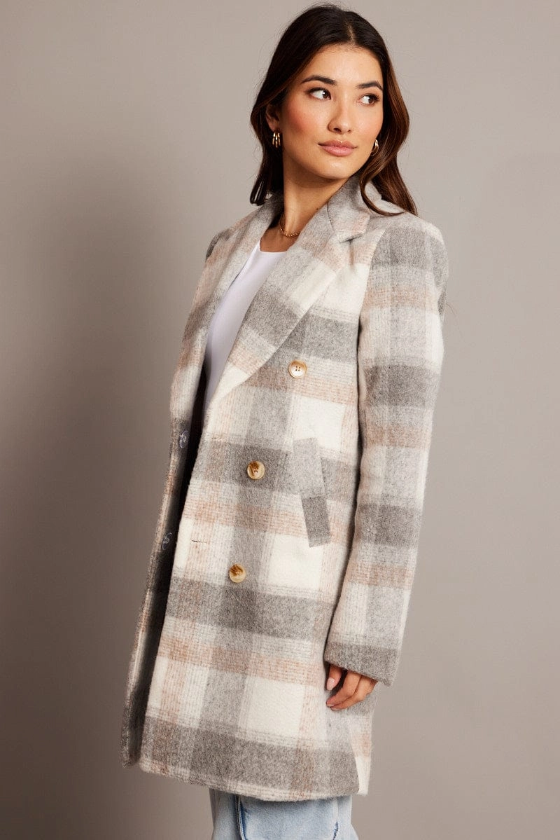 Grey Check Coat Long Sleeve