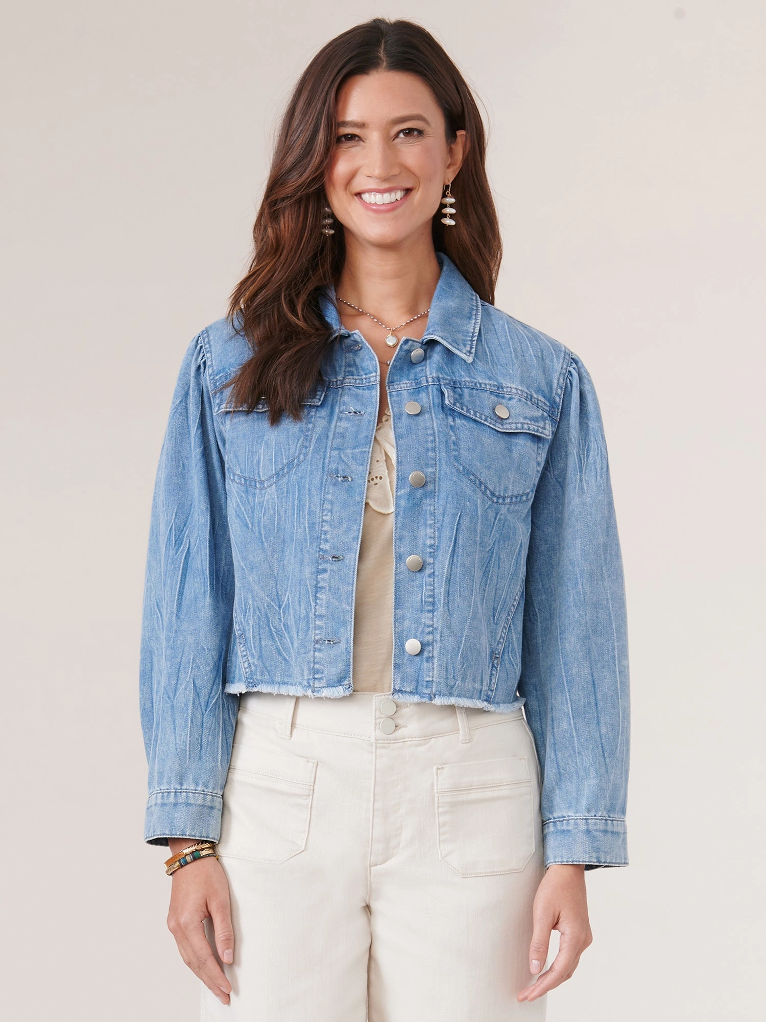 Long Puff Sleeve Button Down Fray Hem Denim Jacket