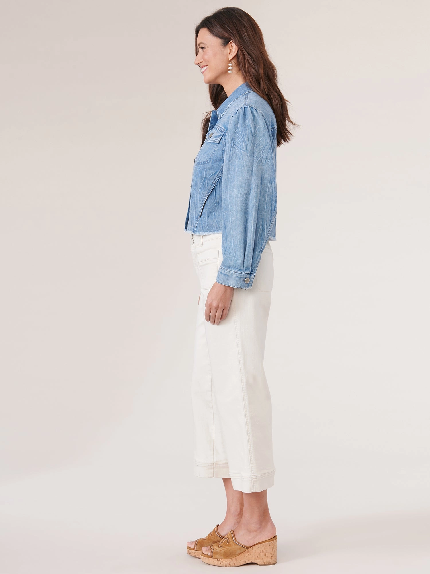 Long Puff Sleeve Button Down Fray Hem Denim Jacket