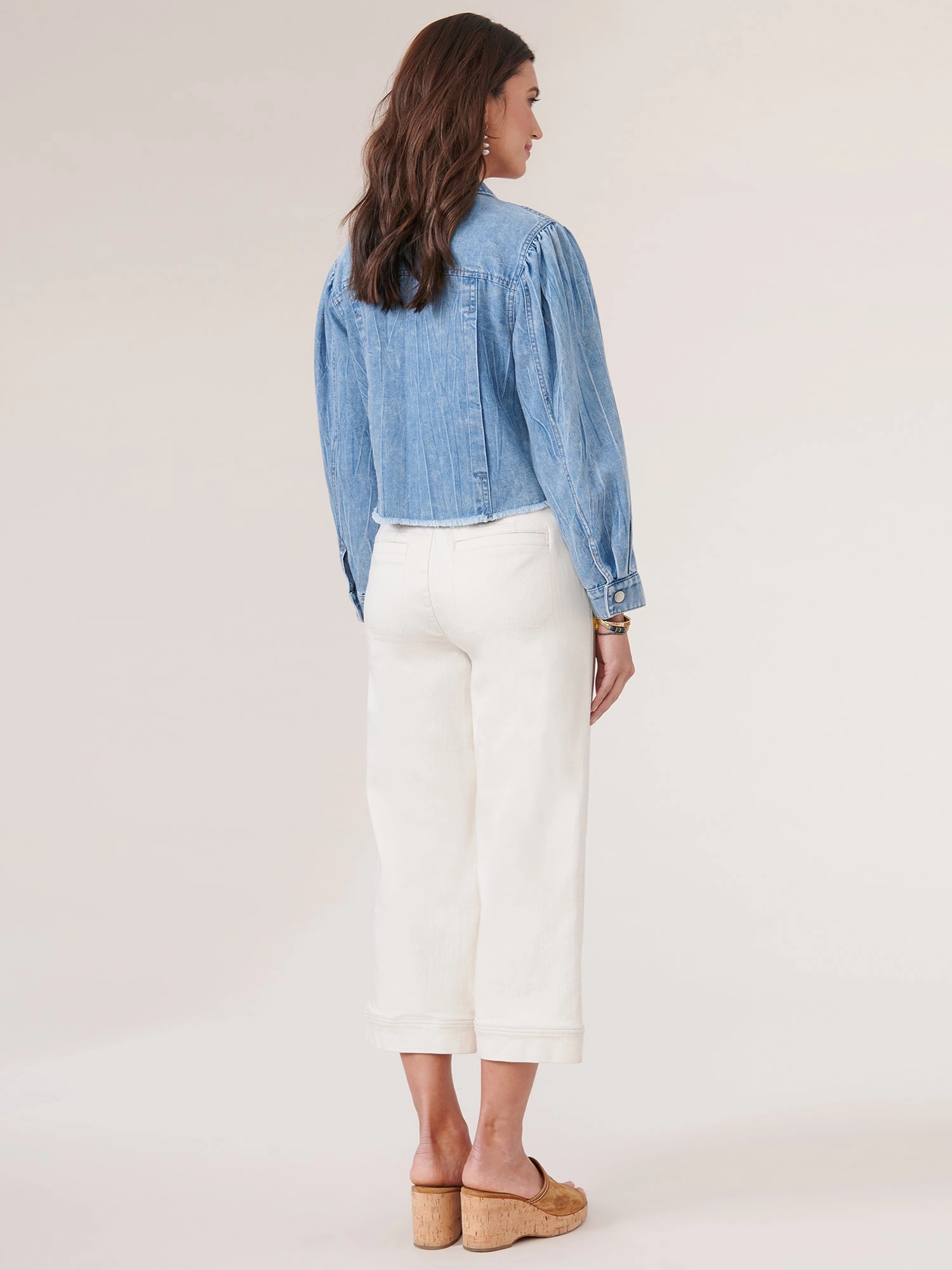 Long Puff Sleeve Button Down Fray Hem Denim Jacket