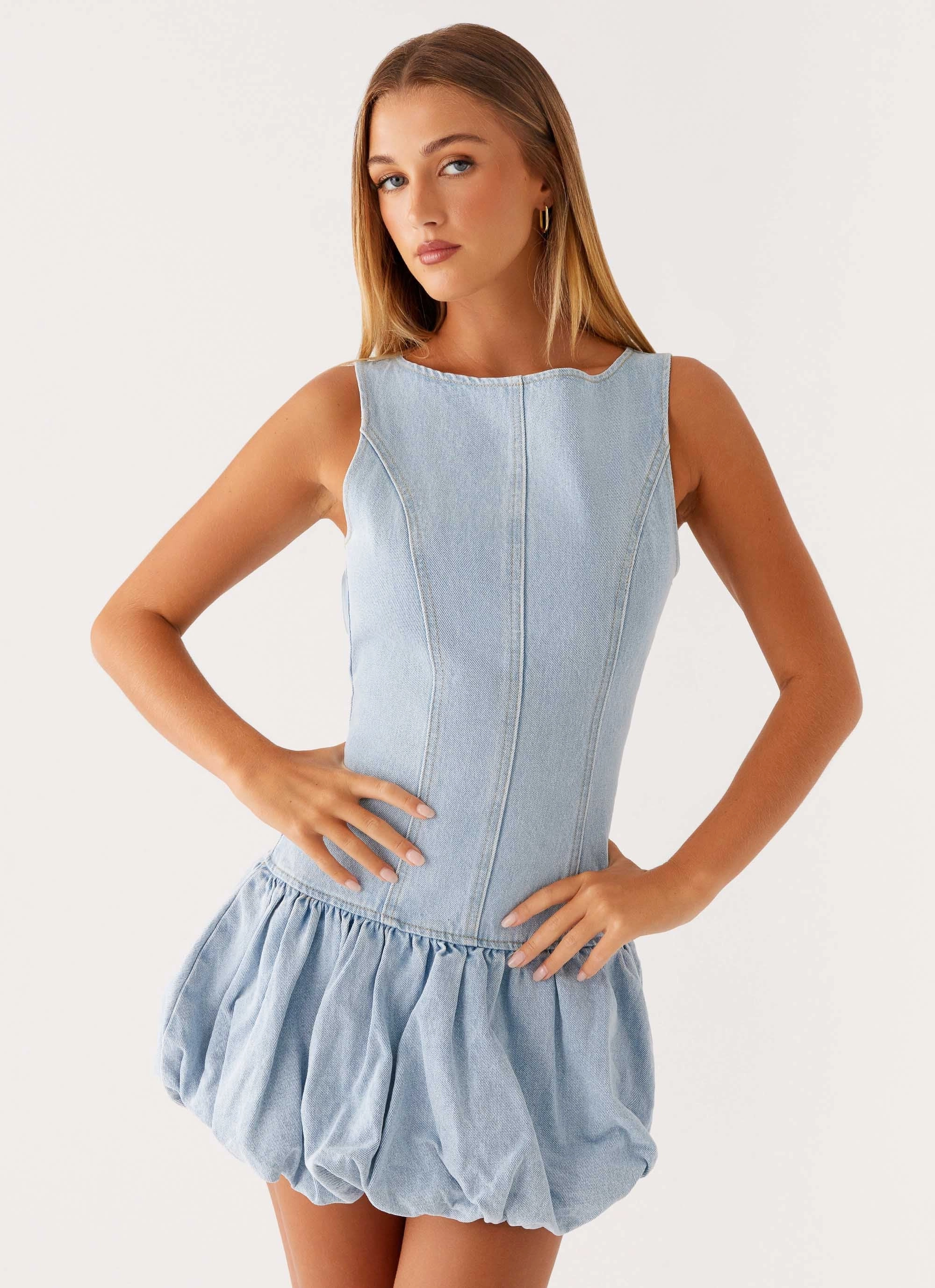 Meg Bubble Denim Mini Dress - Blue