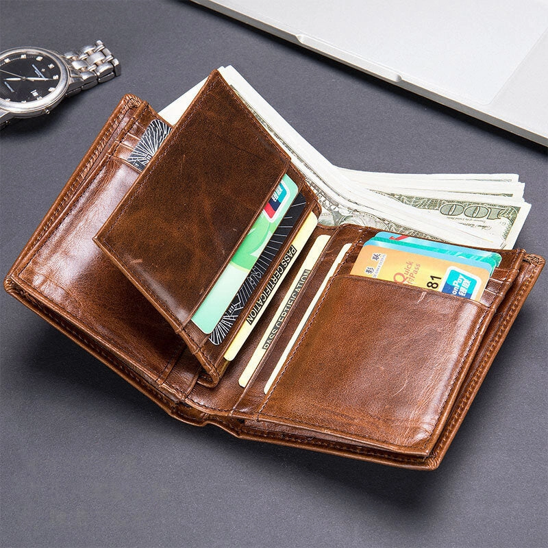 Men Oil Wax Leather Short Bifold RFID Anti-magnetic Wallets 16 Card Slot Thicken Driver License Card Holder Coin Purse