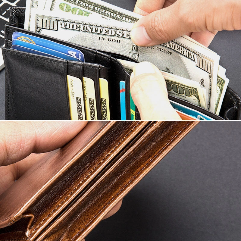 Men Oil Wax Leather Short Bifold RFID Anti-magnetic Wallets 16 Card Slot Thicken Driver License Card Holder Coin Purse