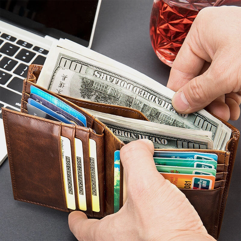 Men Oil Wax Leather Short Bifold RFID Anti-magnetic Wallets 16 Card Slot Thicken Driver License Card Holder Coin Purse