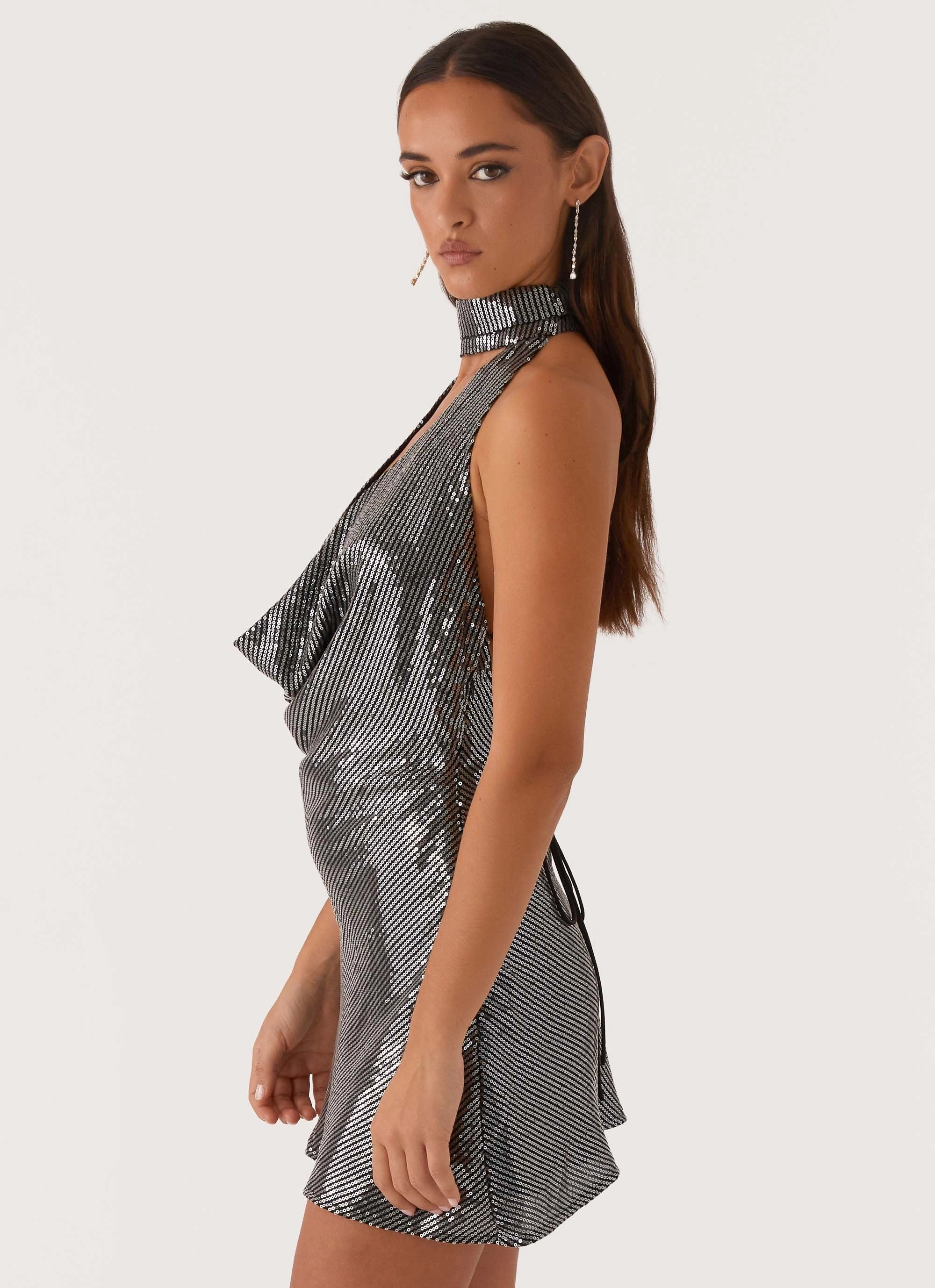 Nora Sequin Cowl Neck Mini Dress - Black
