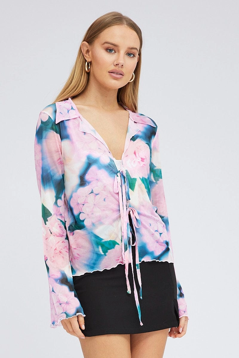 Pink Abstract Mesh Cardigan Long Sleeve