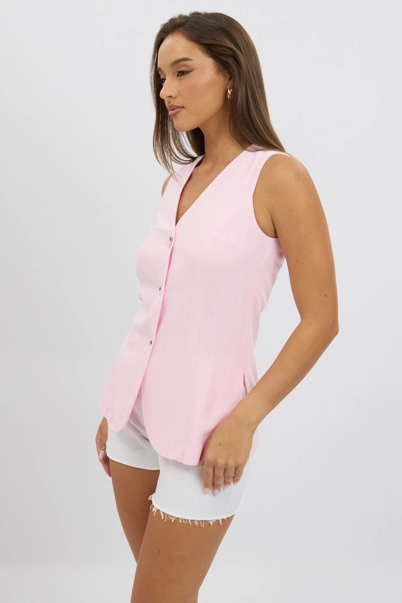 Pink Linen Vest Longline V Neck