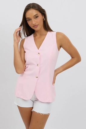 Pink Linen Vest Longline V Neck