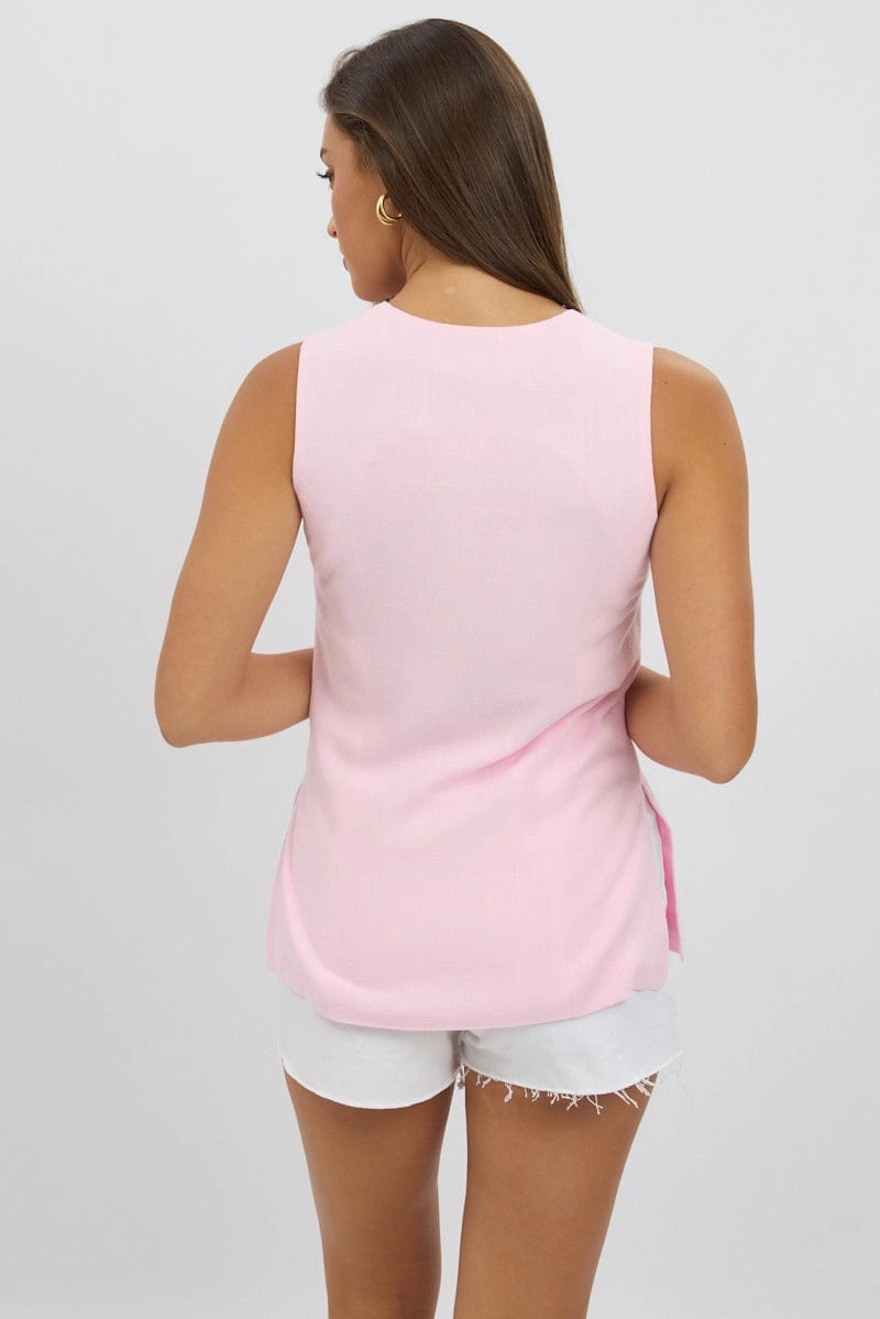 Pink Linen Vest Longline V Neck